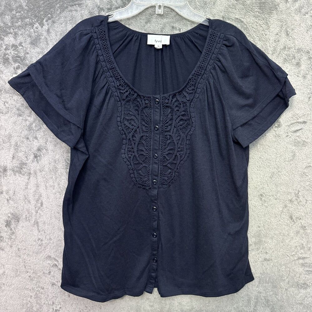 Fyve top Womens Lg Navy blue crochet inset short sleeve